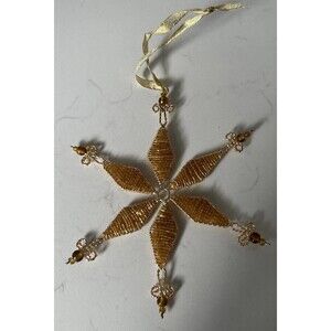 Czech Beaded Snowflake Christmas Ornament Gold Bead